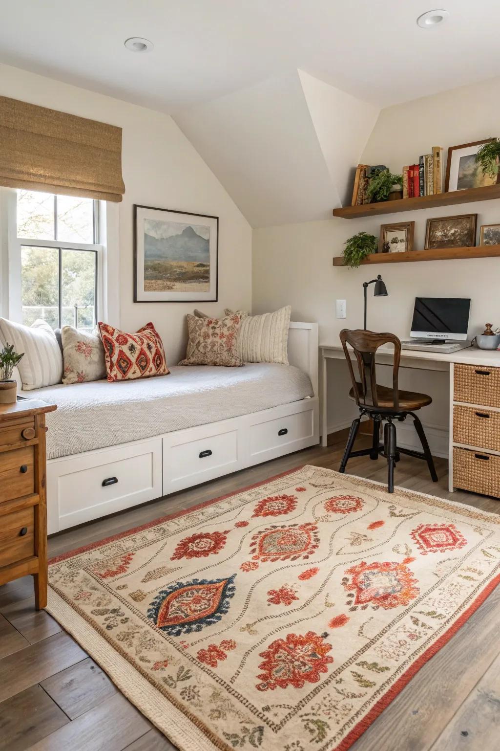 Floor coverings help mark areas and add warmth to a room that does many things.