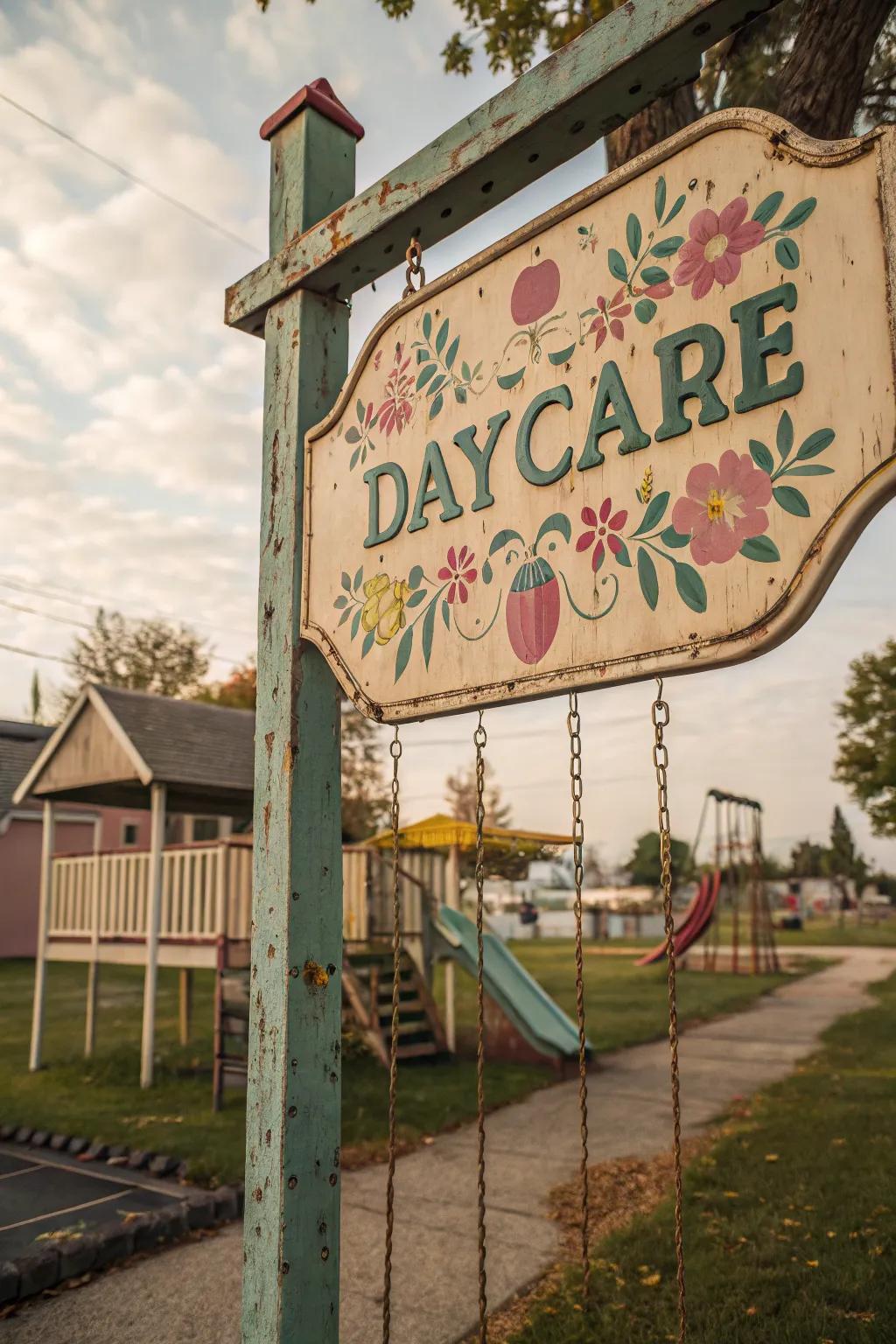 A vintage-inspired display adds charm and character to the daycare entrance.
