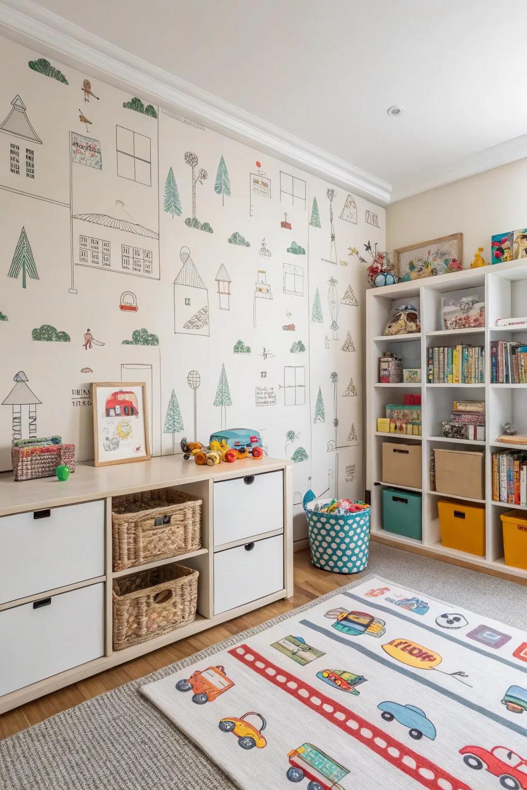 A daycare room with fun shelving-themed wallpaper.