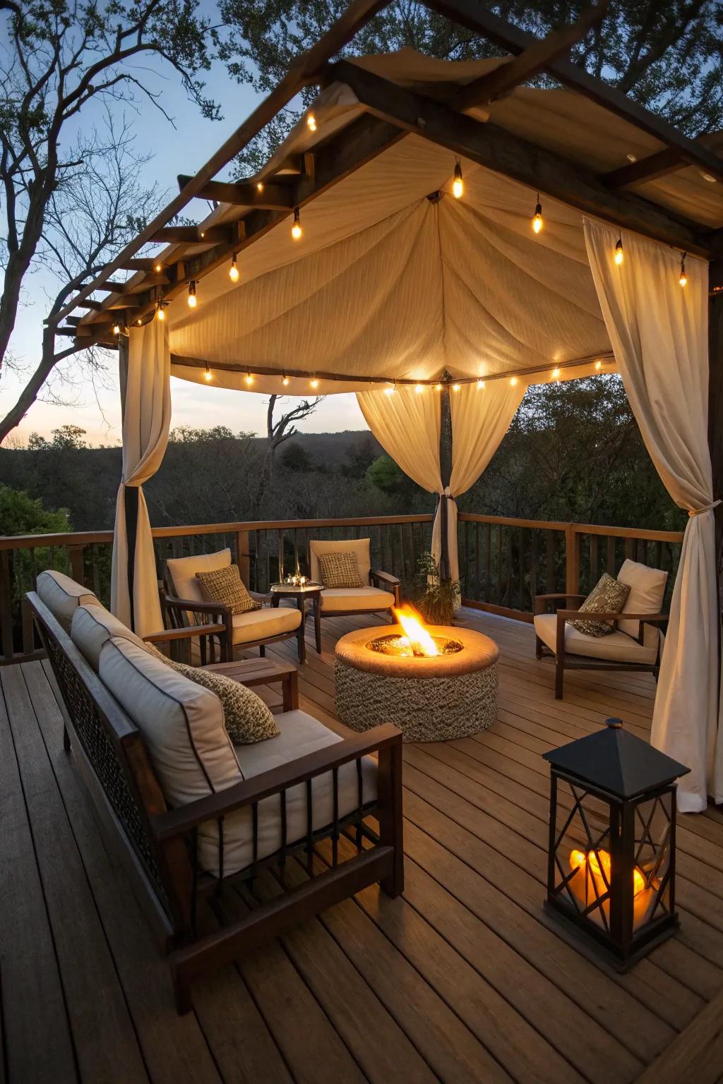 A bonfire area under a dome presents warmth and ambiance for cool nights.