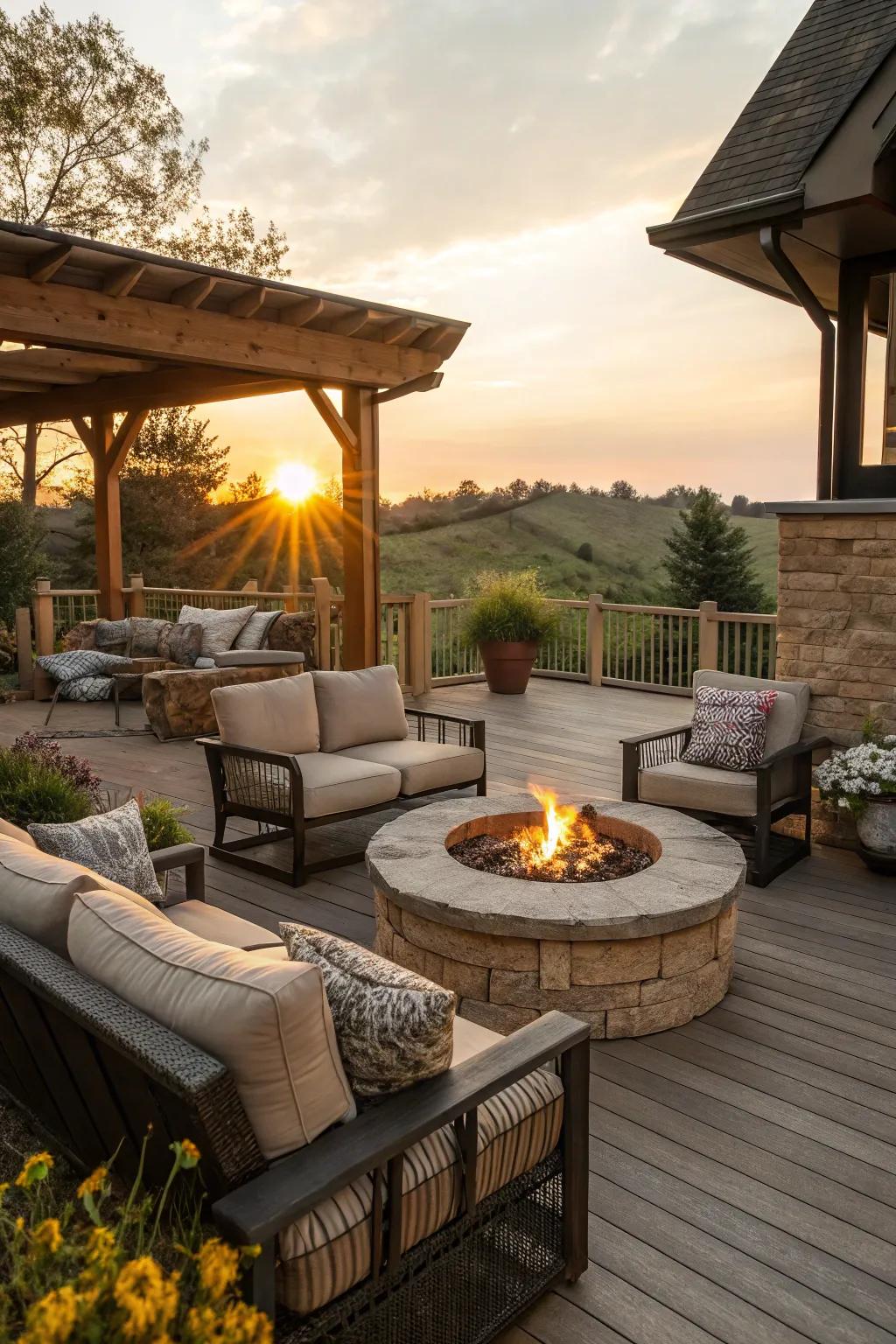 A lowered hearth section makes a welcoming and luxurious deck feature.