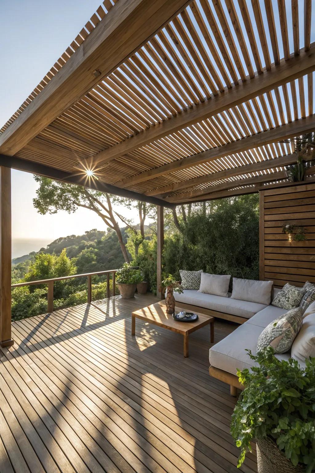 Wood strips offer a rustic and warm shading solution for decks.