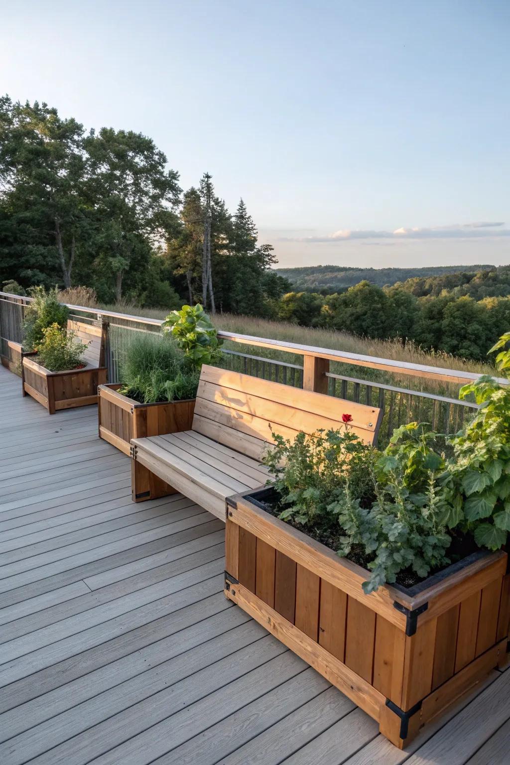Private retreat featuring tall-backed seats and planters.