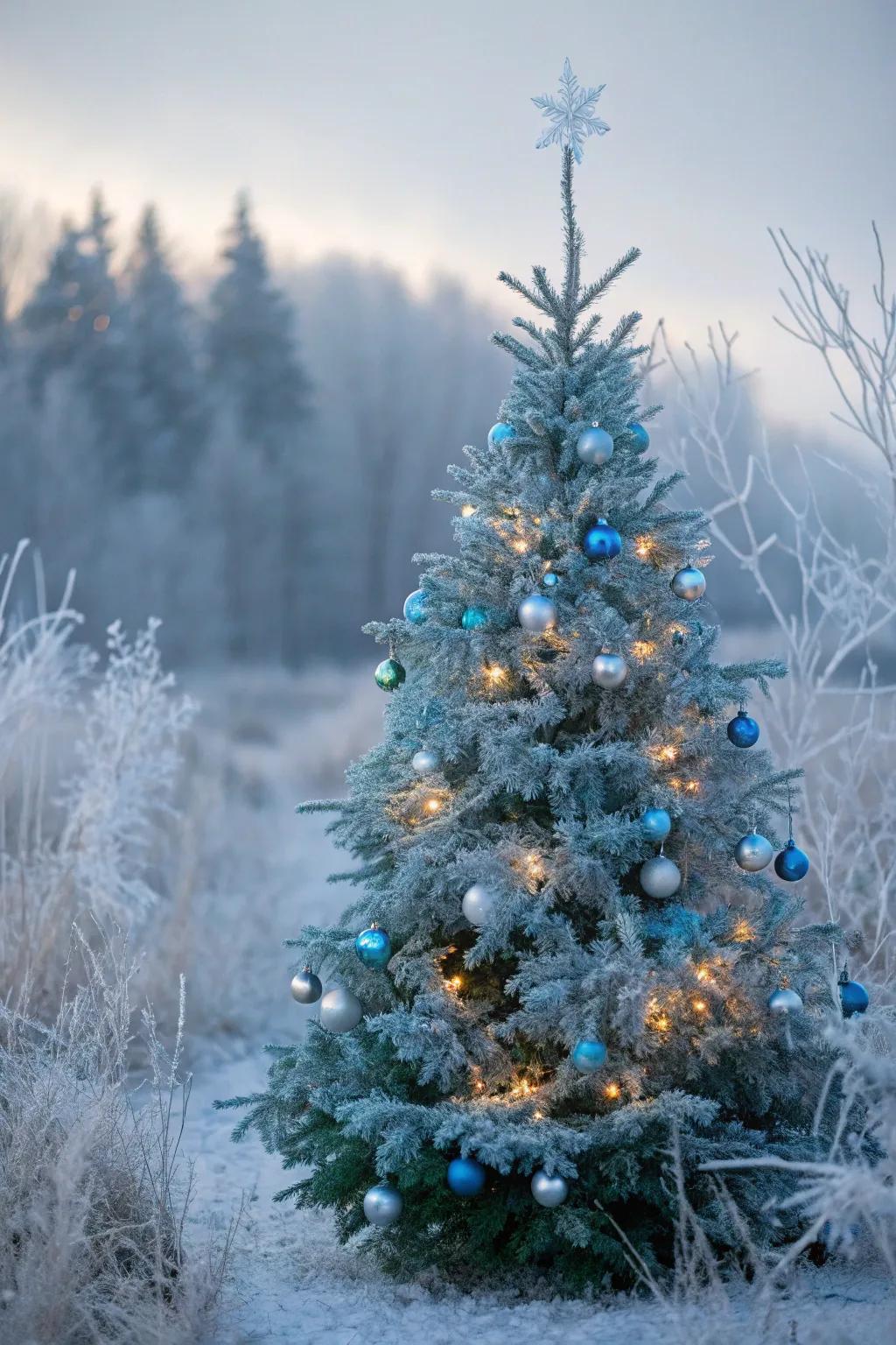 A freezing fairytale Christmas tree sporting icy lights and clear decorations.
