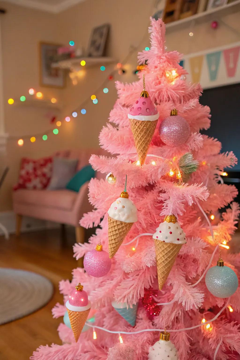 A delightful tree adorned with ice cream cone ornaments.