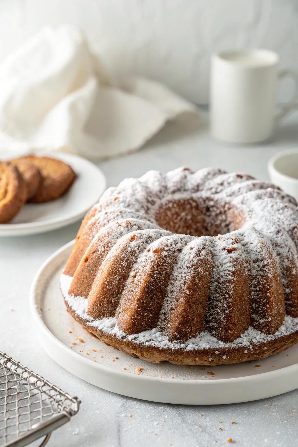 Powdered sugar has been applied to a bundt cake to enhance its details.