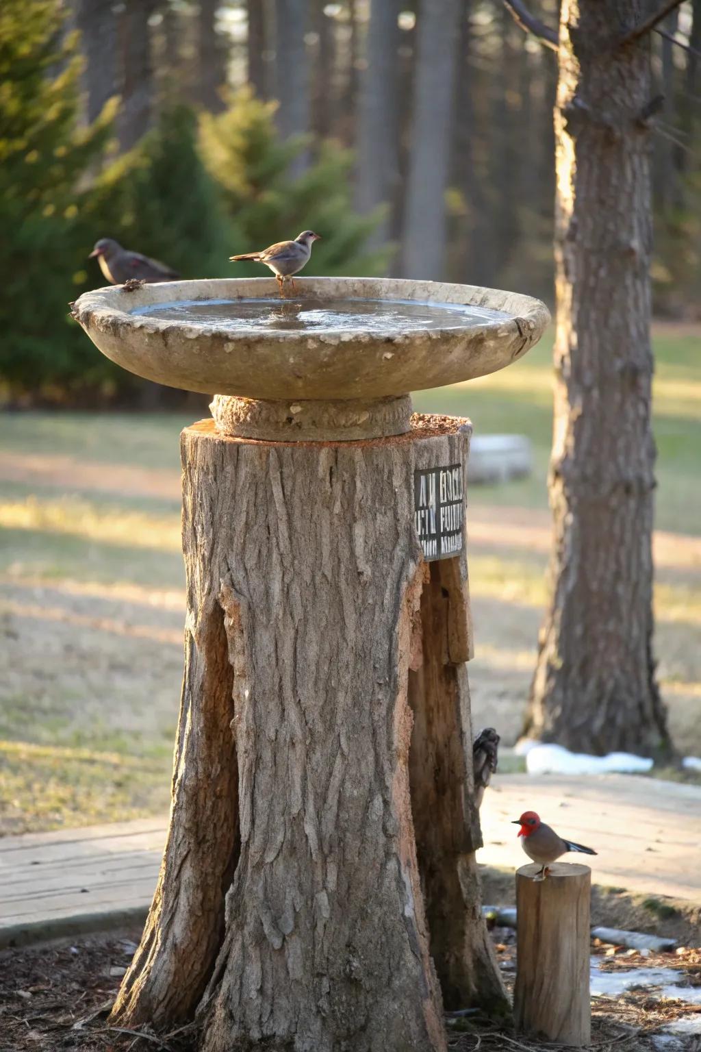 Attract birds with a tree stump bird bath.