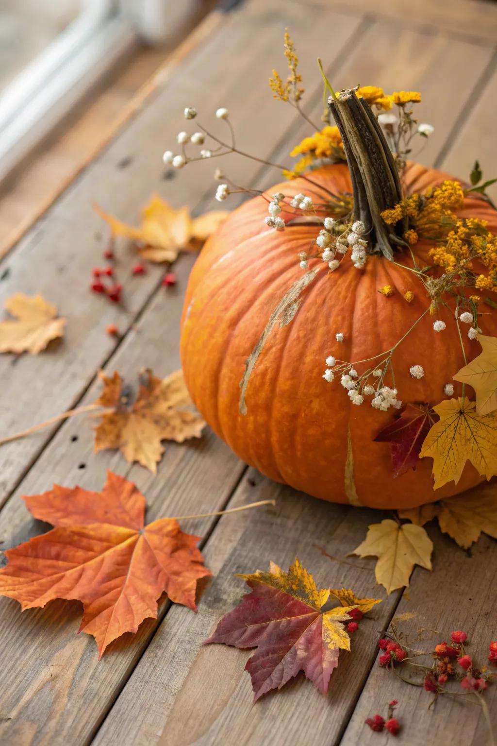Celebrate nature with a beautifully adorned pumpkin using foliage and flowers.