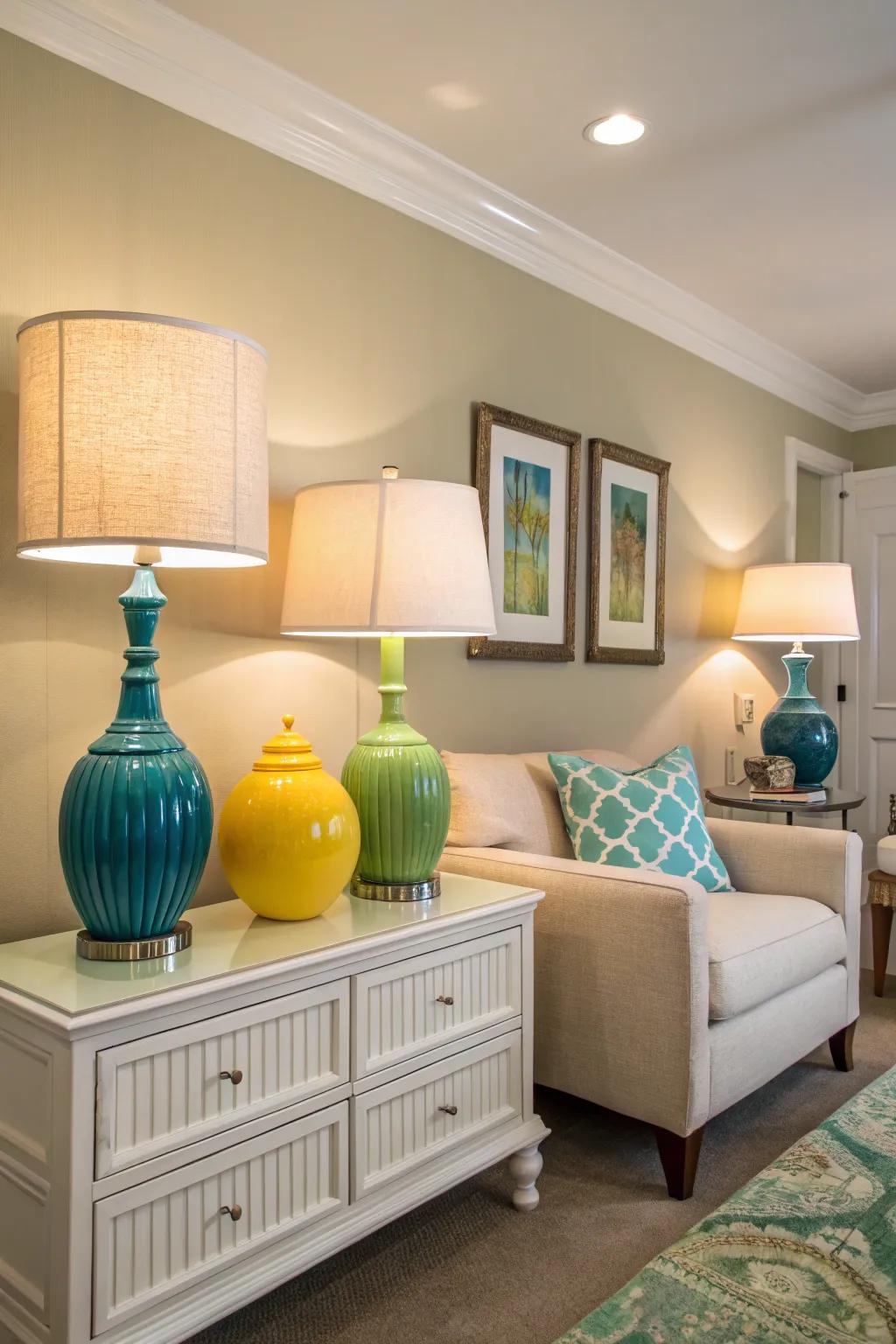 Vibrant lamps inject a pop of color into a neutral room.