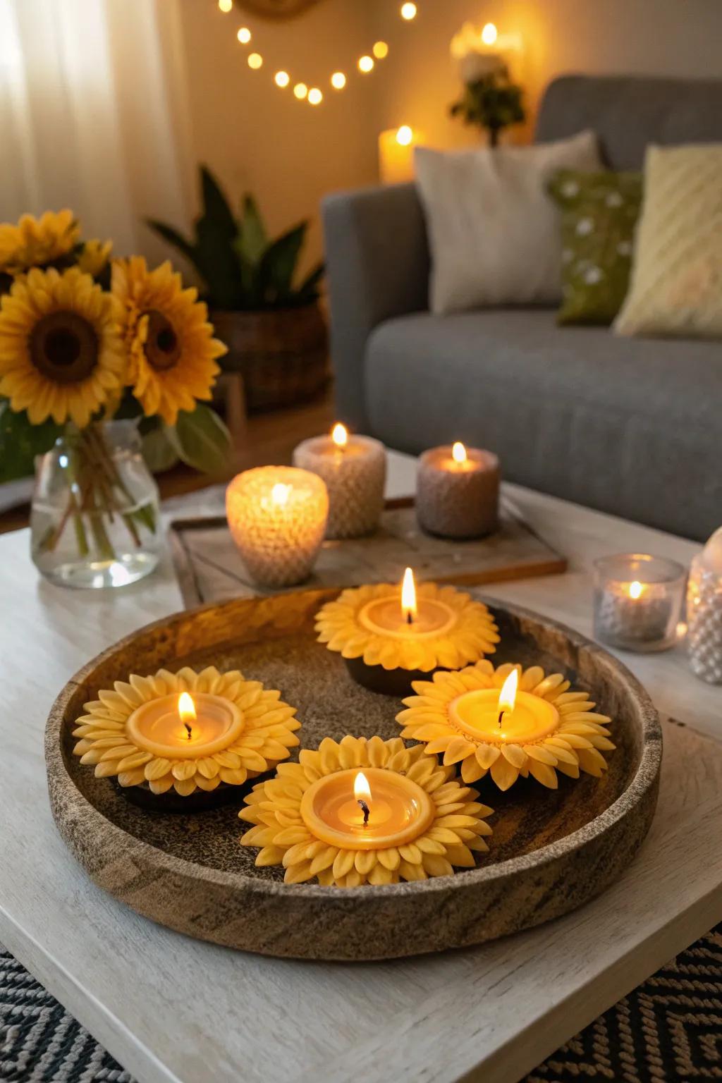 Wax lights shaped like sunflowers cast a warm glow and release a delightful fragrance.