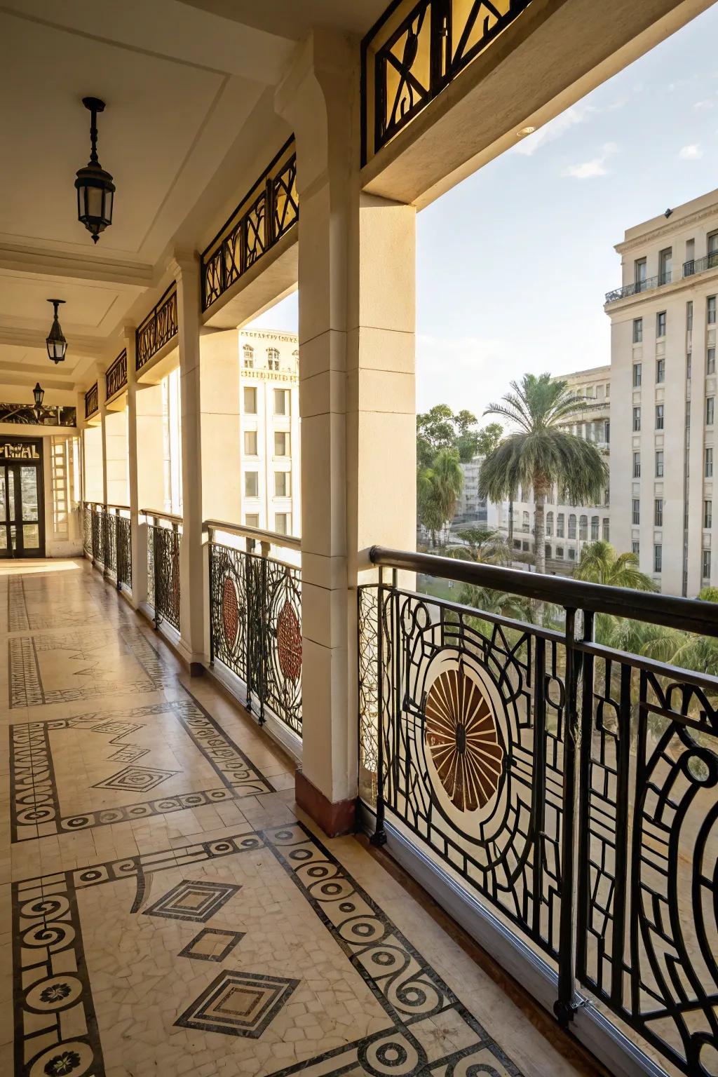 Art Deco railings contribute vintage sophistication.