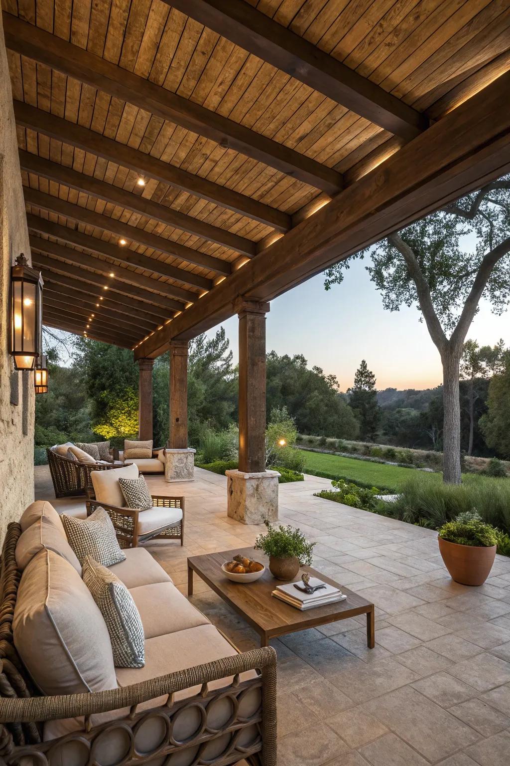 Timber beams demarcate this snug outdoor patio zone.