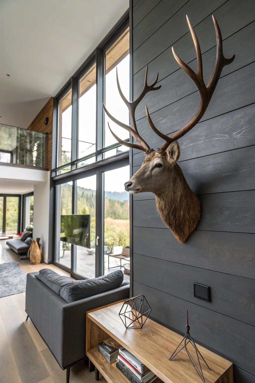 A mix of wood and metal creates a contemporary deer antler mount in a stylish living area.