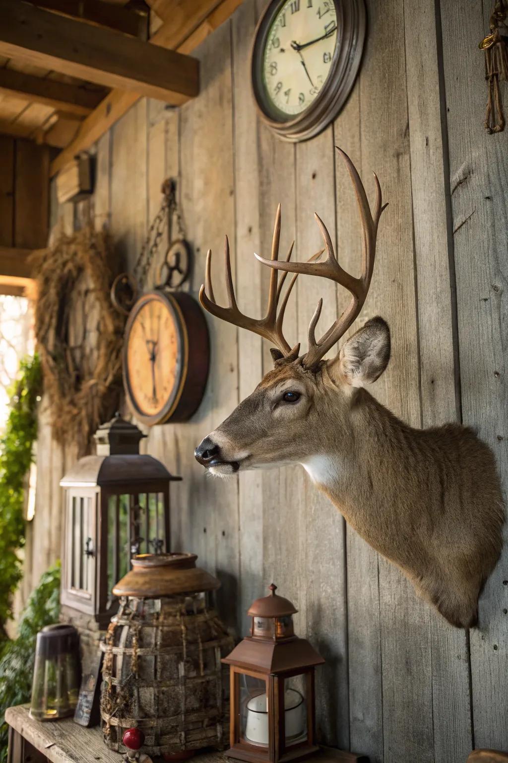 A deer mount complemented by rustic stable planks and timeless decor.