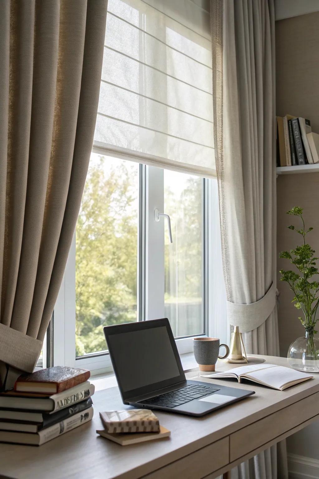 Blinds and curtains offer light control and privacy.