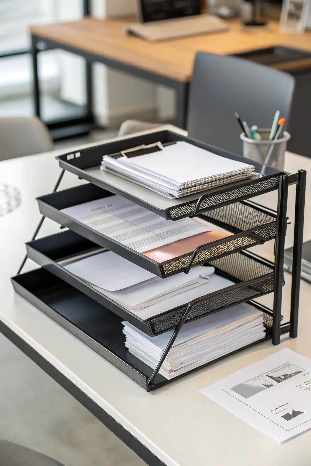 Layered platforms for an orderly and accessible desk.