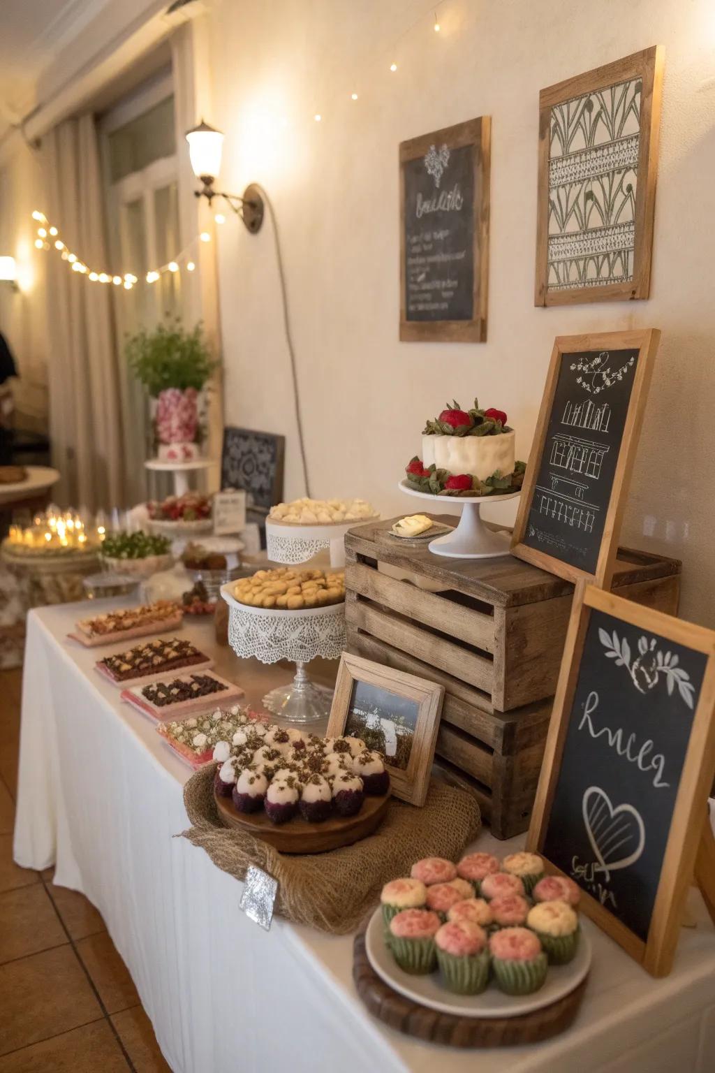 Chalkboards personalize dessert displays.