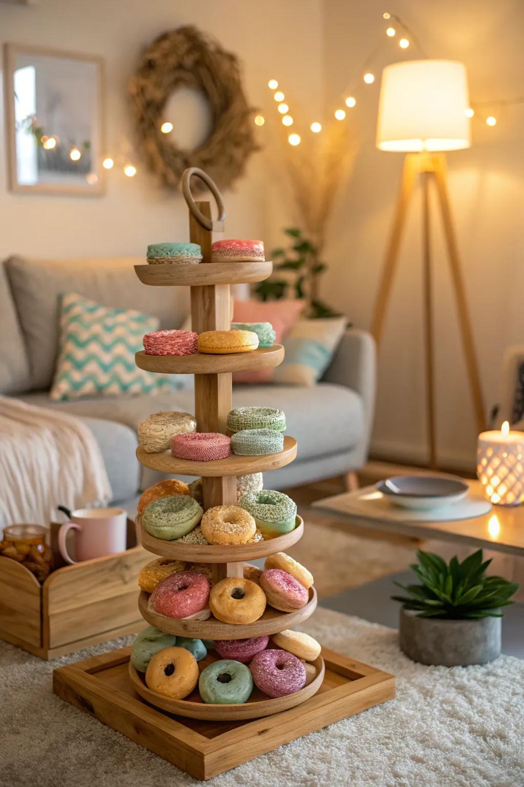A delicious doughnut display that adds color and enjoyment.