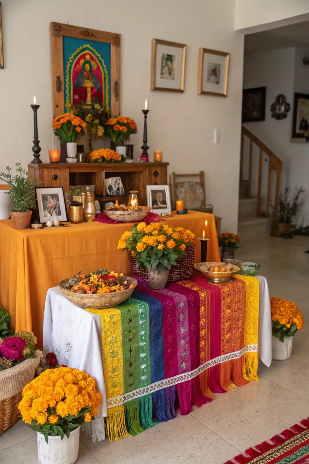 Hued table wraps furnish a spirited backdrop for the altar.