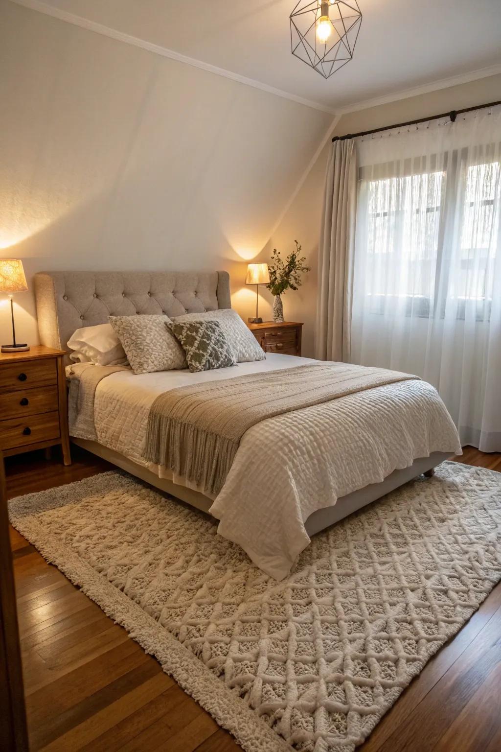 A rug secures the diagonally positioned bed and enhances comfort.