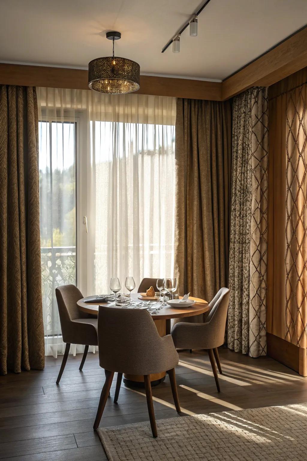 Textured coverings adding depth to the dining room.