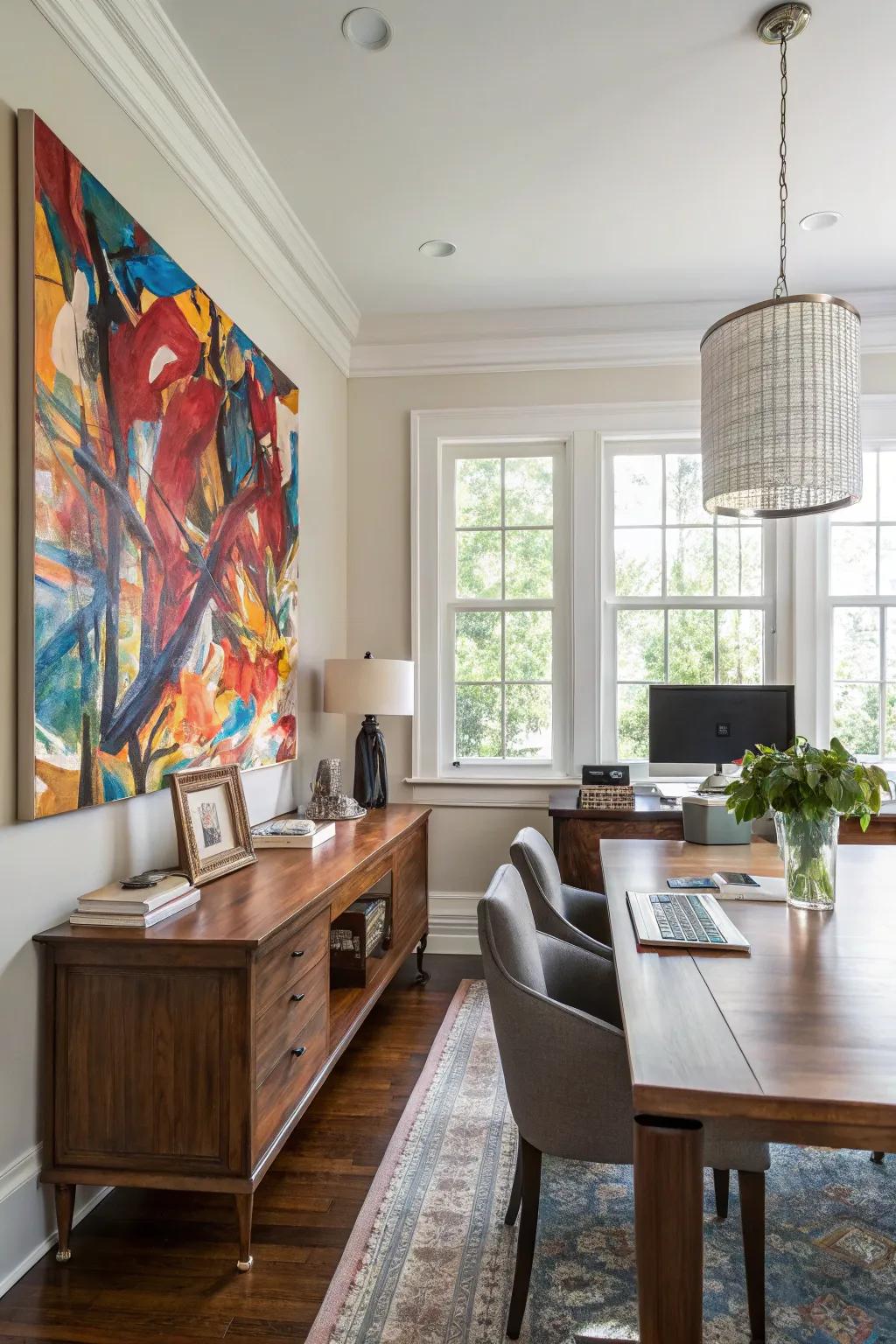 Art pieces provide inspiration and style to the space.