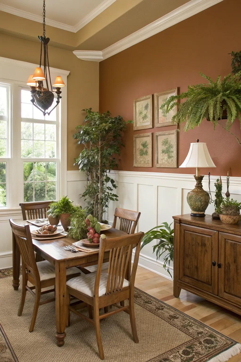 Earthy tones introduce a sensation of warmth and coziness to the dining space.