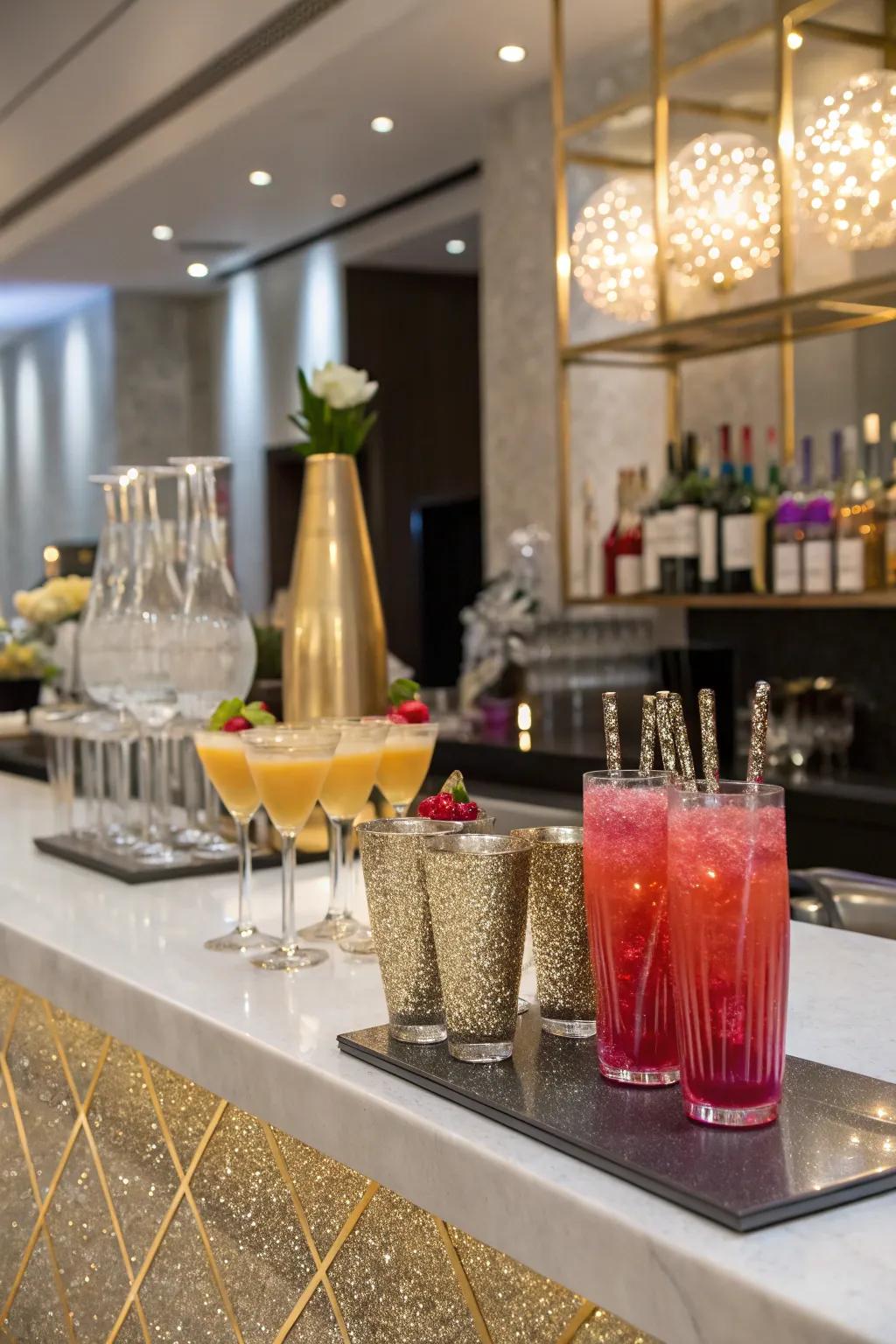 A glittery drinks station features dazzling drinks for partygoers.