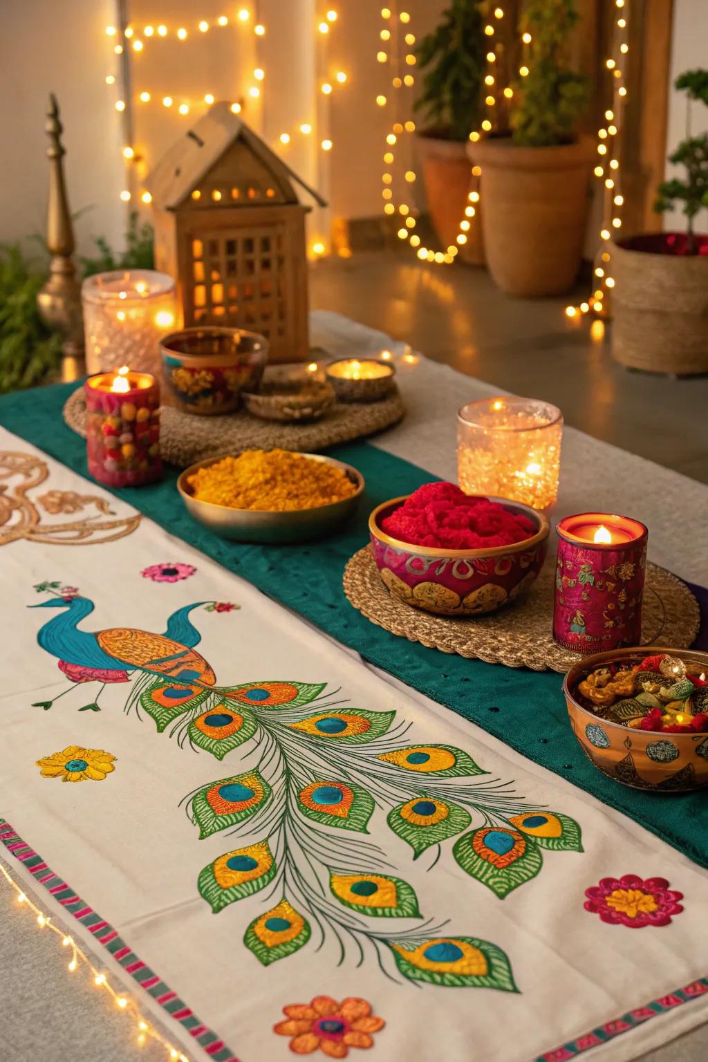 Cultural elements like peacock motifs add authenticity to the Diwali ornamentation.
