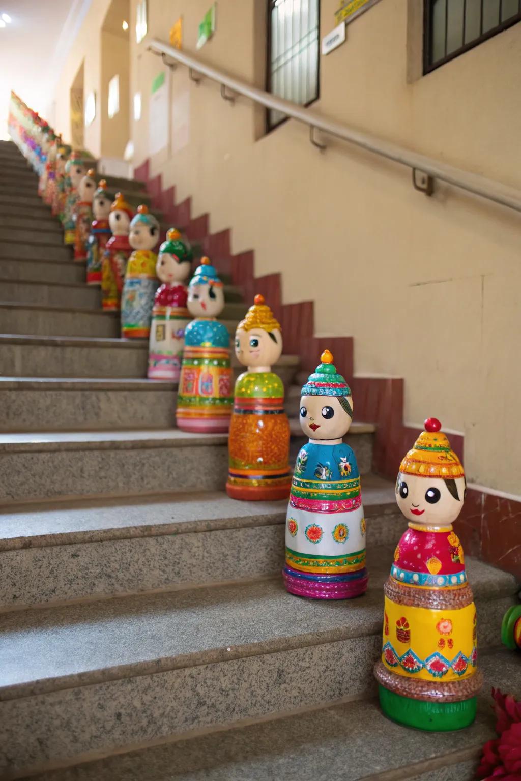 Upcycled polymer vessels converted into exquisite Golu dolls.