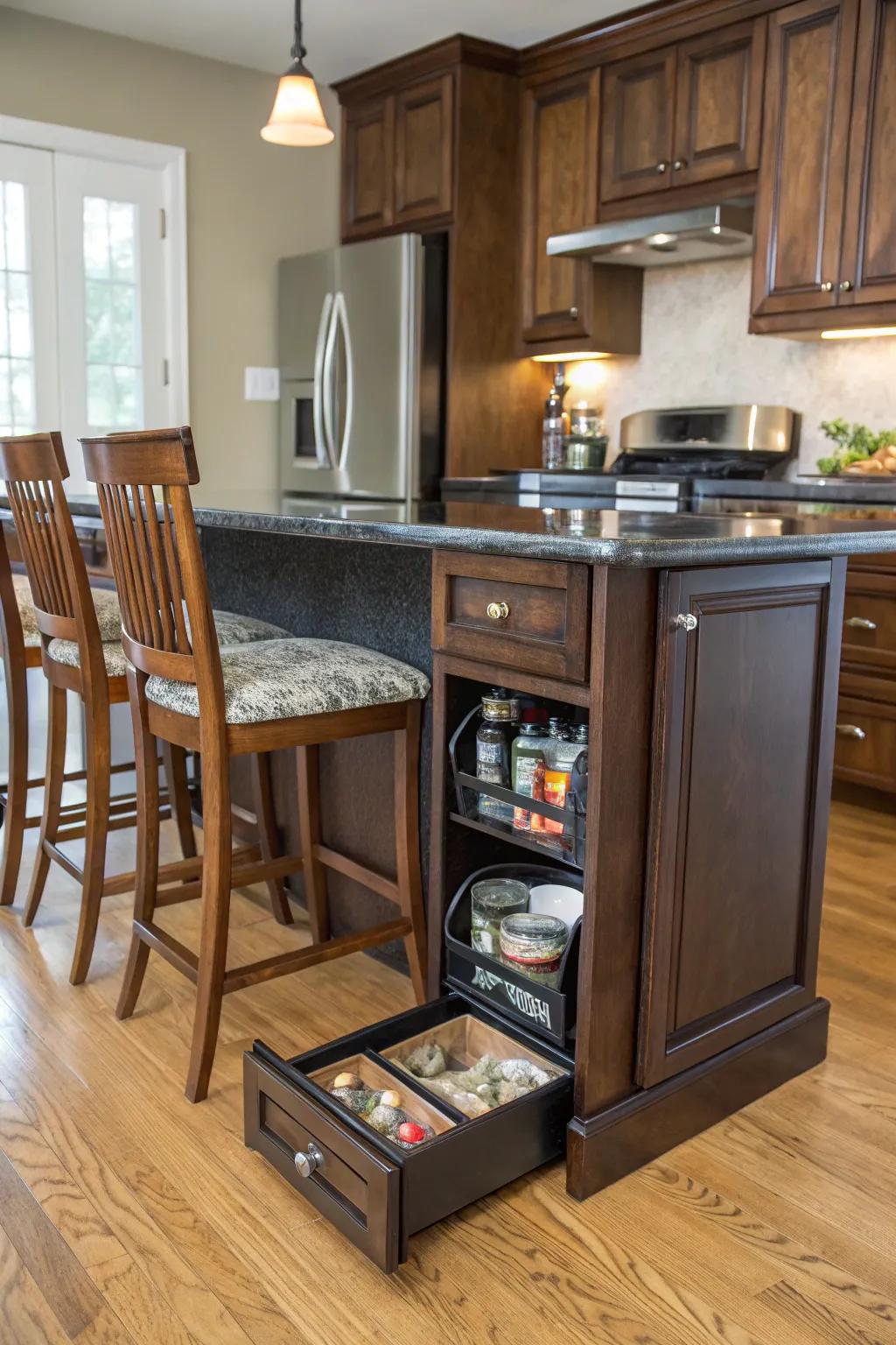 A kitchen island with hidden storage keeps dog food out of sight but easy to reach.