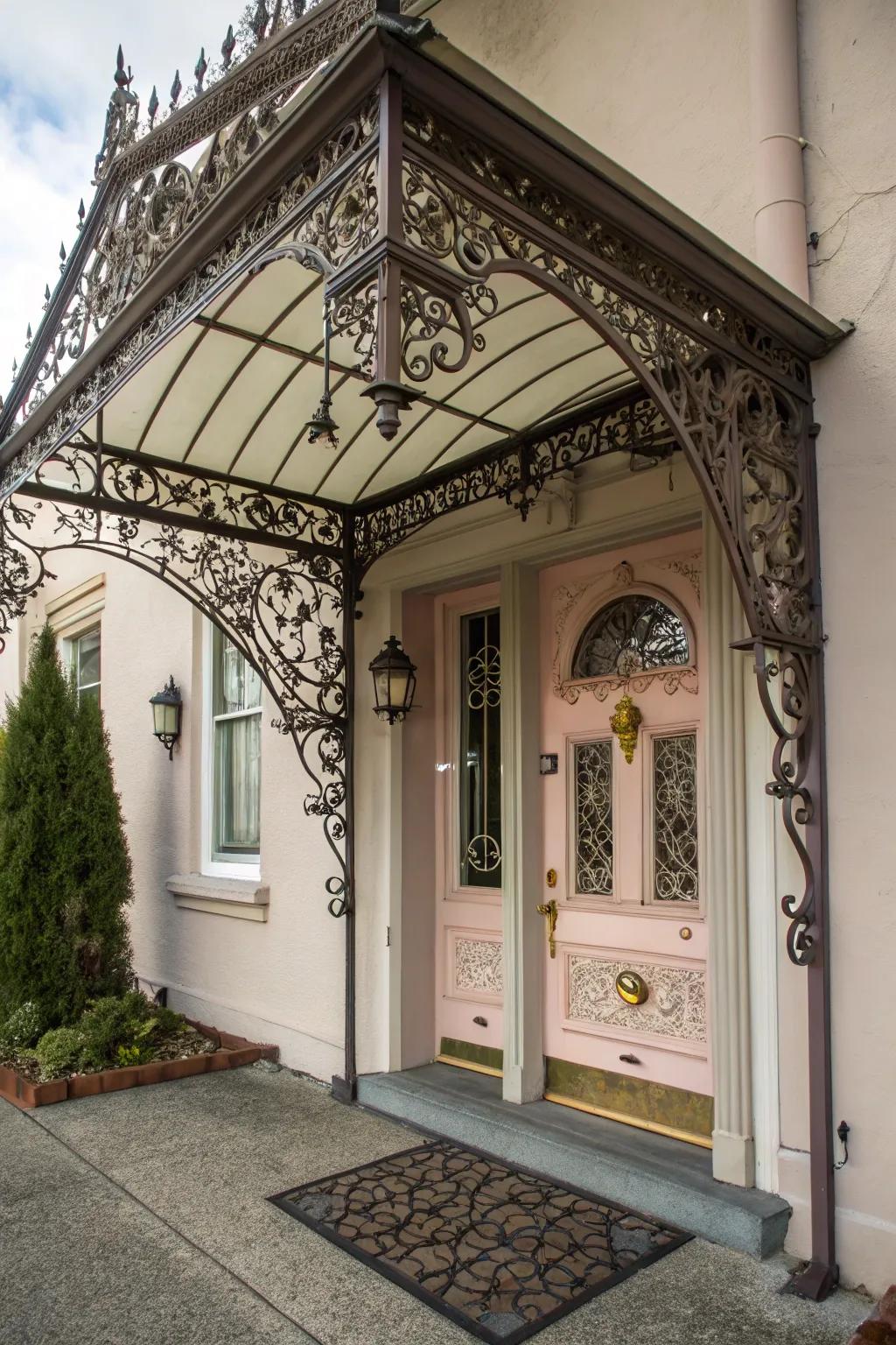 An artistic ironwork awning serving as a beautiful focal point.