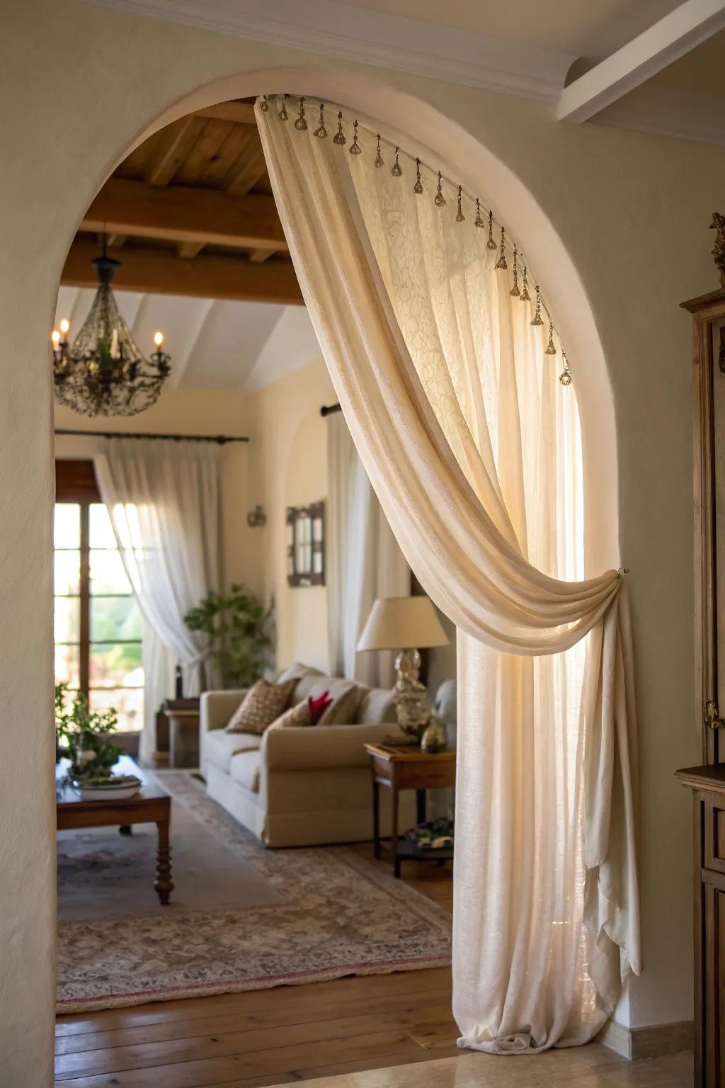 Curtains beautifully define and enhance archways.