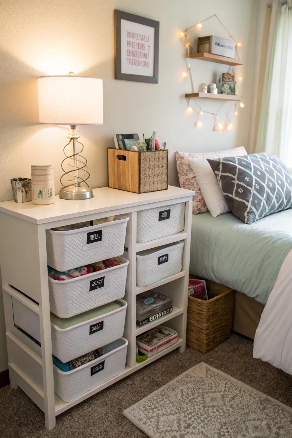 Storage boxes offer a practical way to keep your dorm organized.