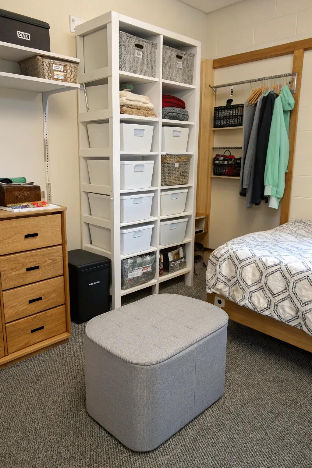 Clever storage solutions keep the dorm area neat and effective.