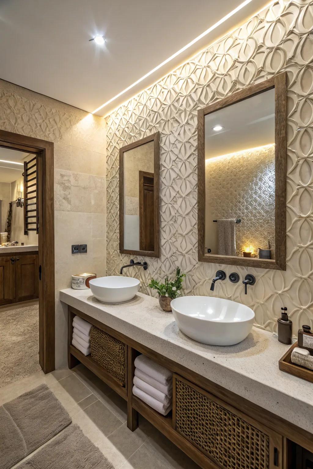 Textured walls enrich the depth and character of this bathroom with double sinks.