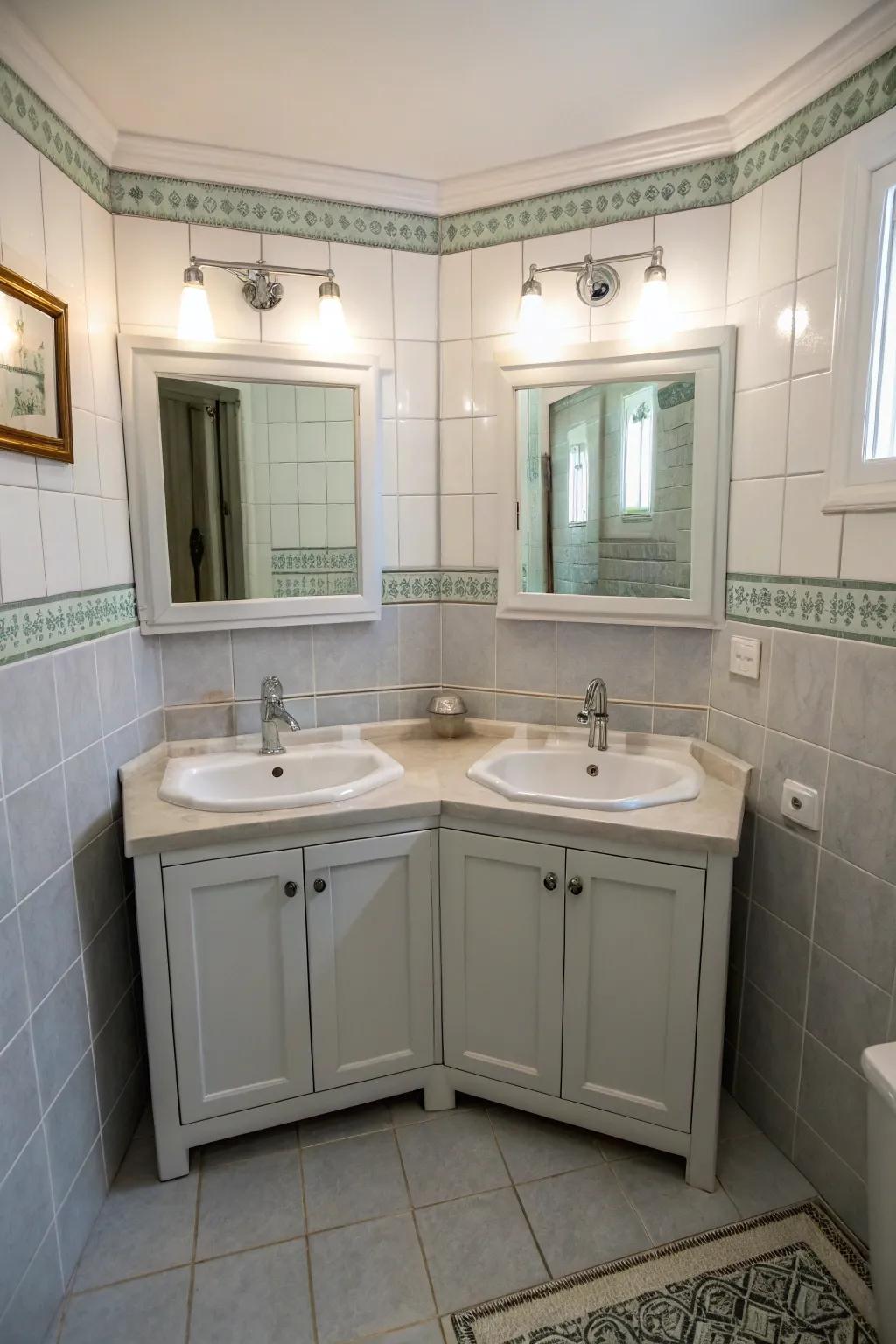 Corner vanities make the most of the available space.