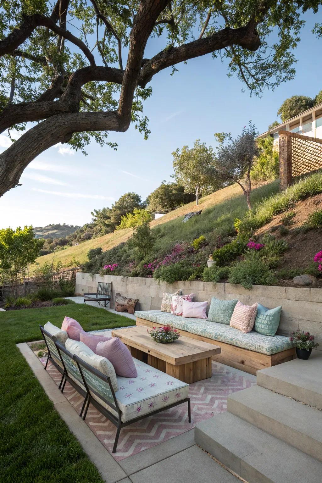 Comfy seating zones entice you to savor the splendor of your sloped garden.