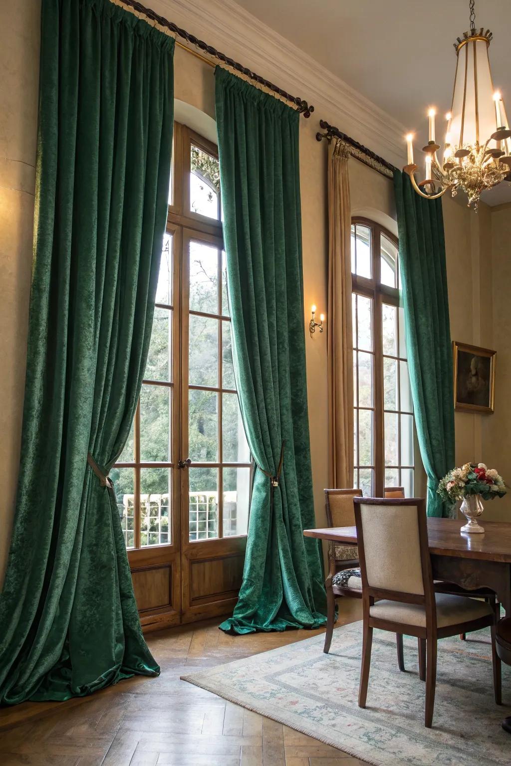 Forest green velvet draperies incorporating a lavish sensation into a dining area.