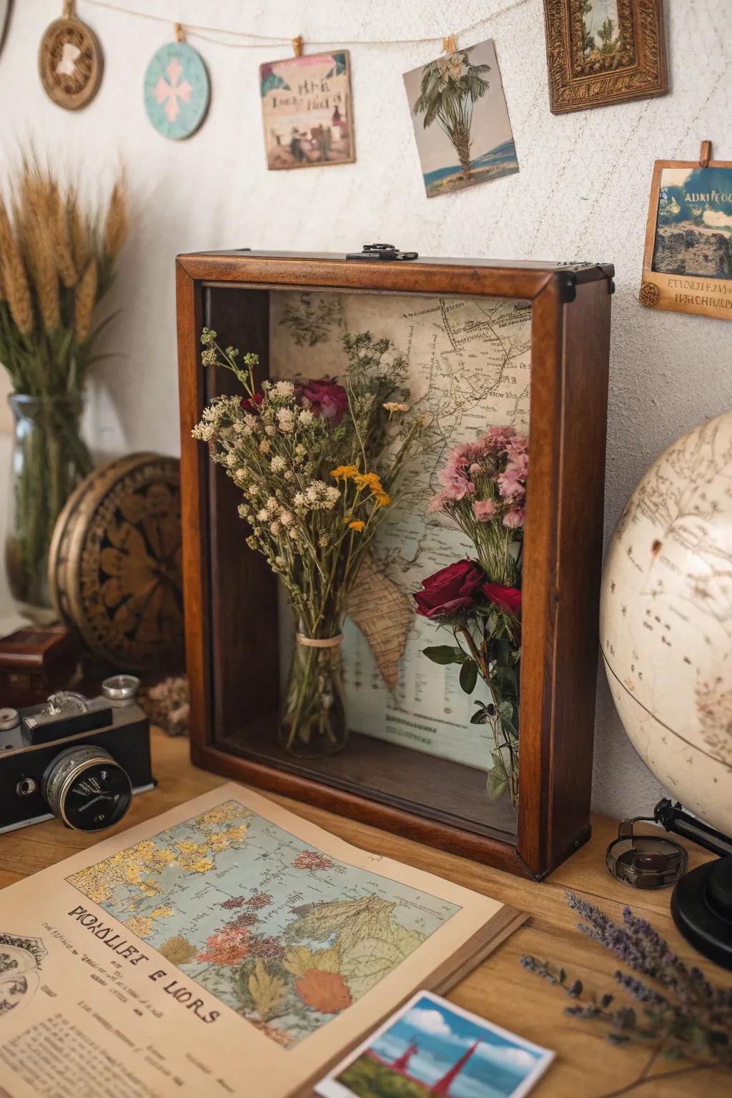 Relive your escapades with a travel-inspired dried flower display case.