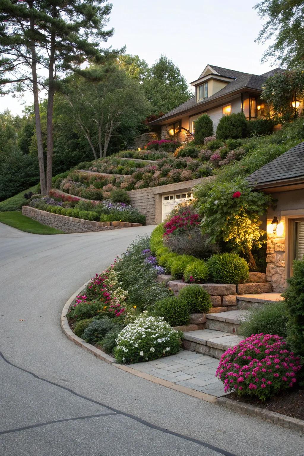A layered berm layout contributes dimension to the driveway.