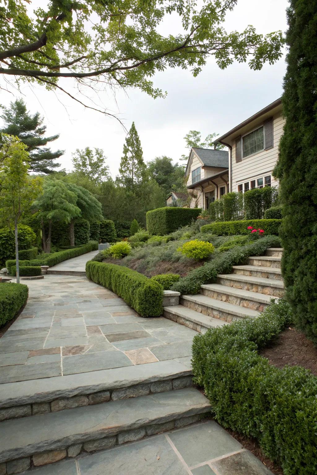 Height variations add drama and direct the sight upward at this entry.