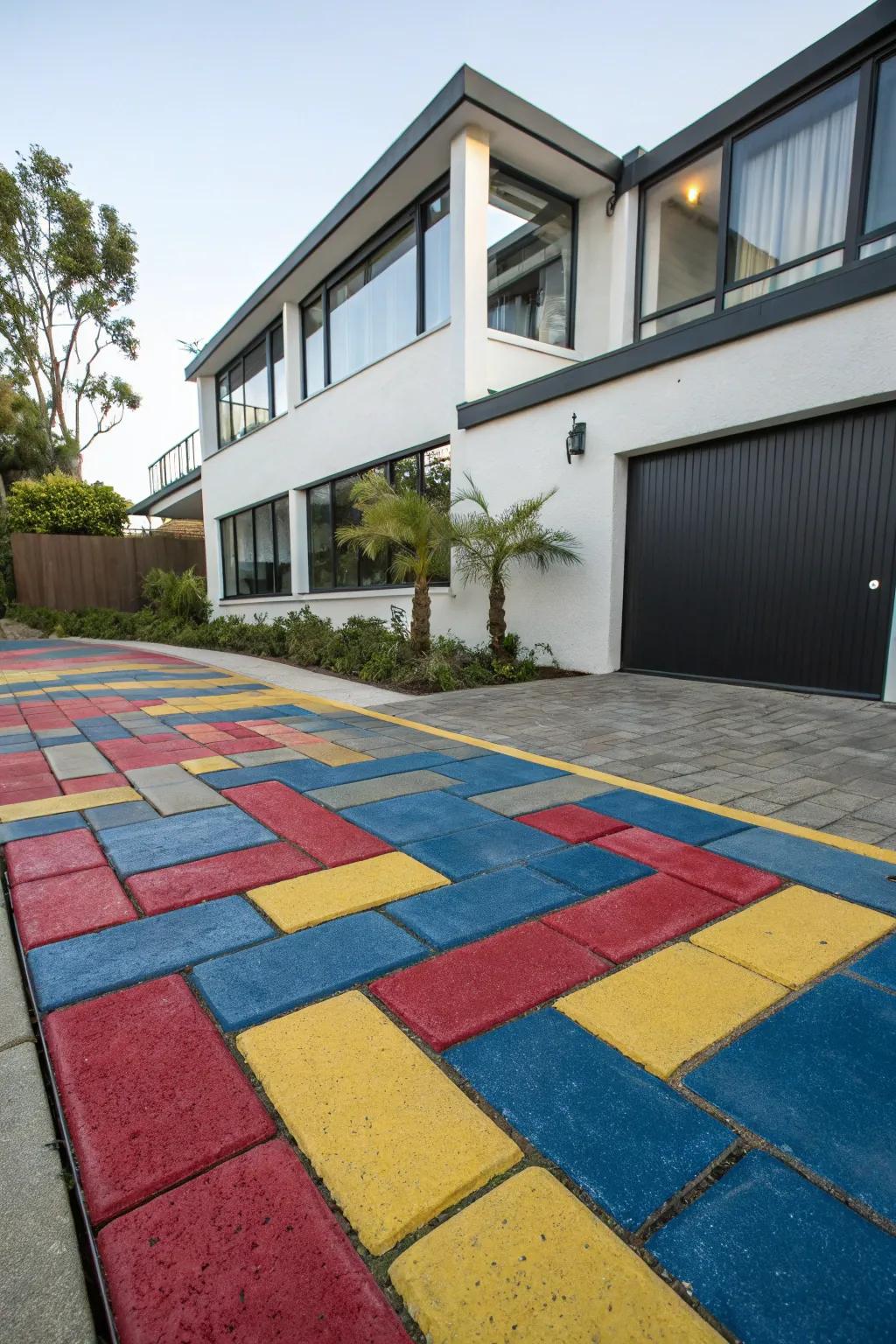 A driveway that stands out with vibrant, eye-catching block colors.