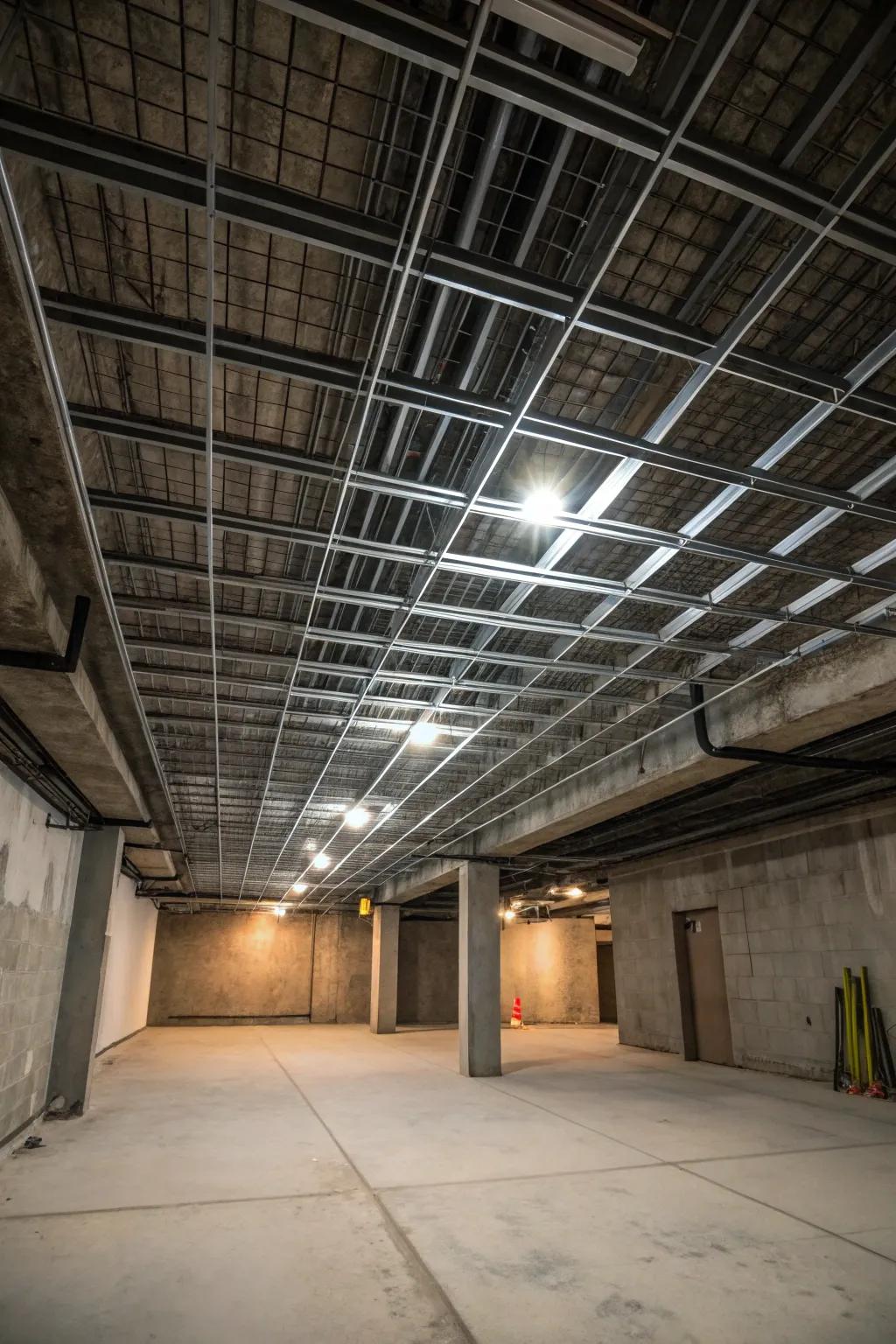 Industrial sophistication showcased through shimmery grid ceiling designs.