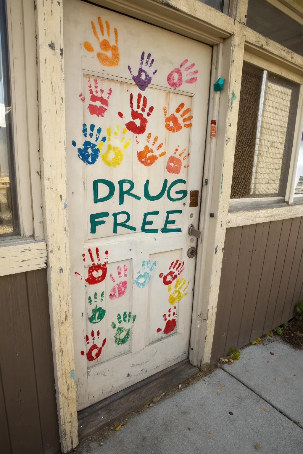 A handprint mural symbolizing unity and a substance-free existence.
