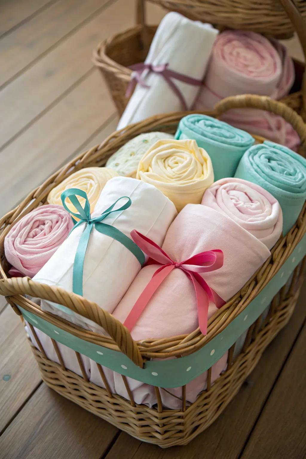 Rolled-up duvets introduce a charming touch to storage.