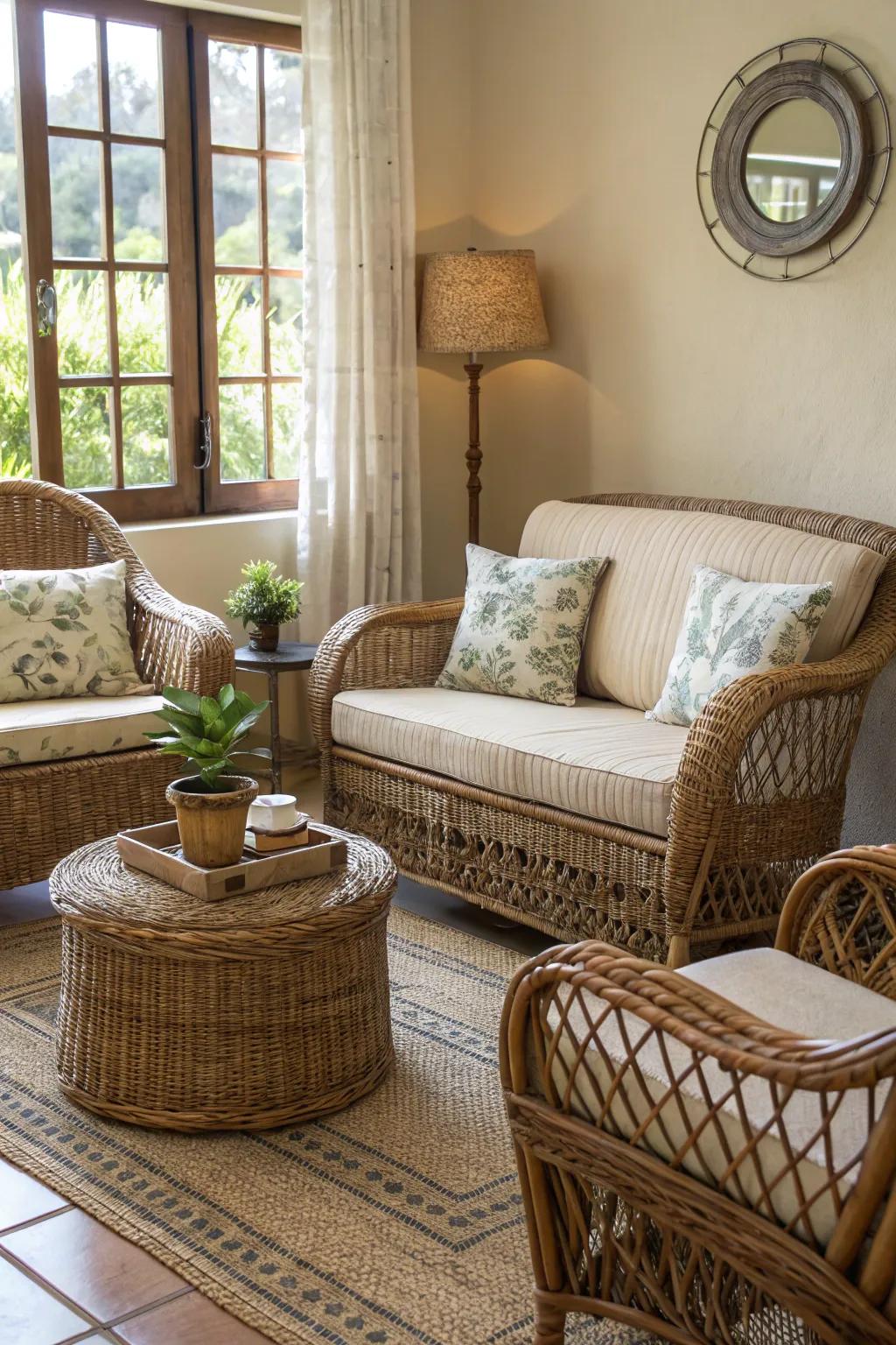 A room decorated with cane and wicker furniture, adding surface interest.