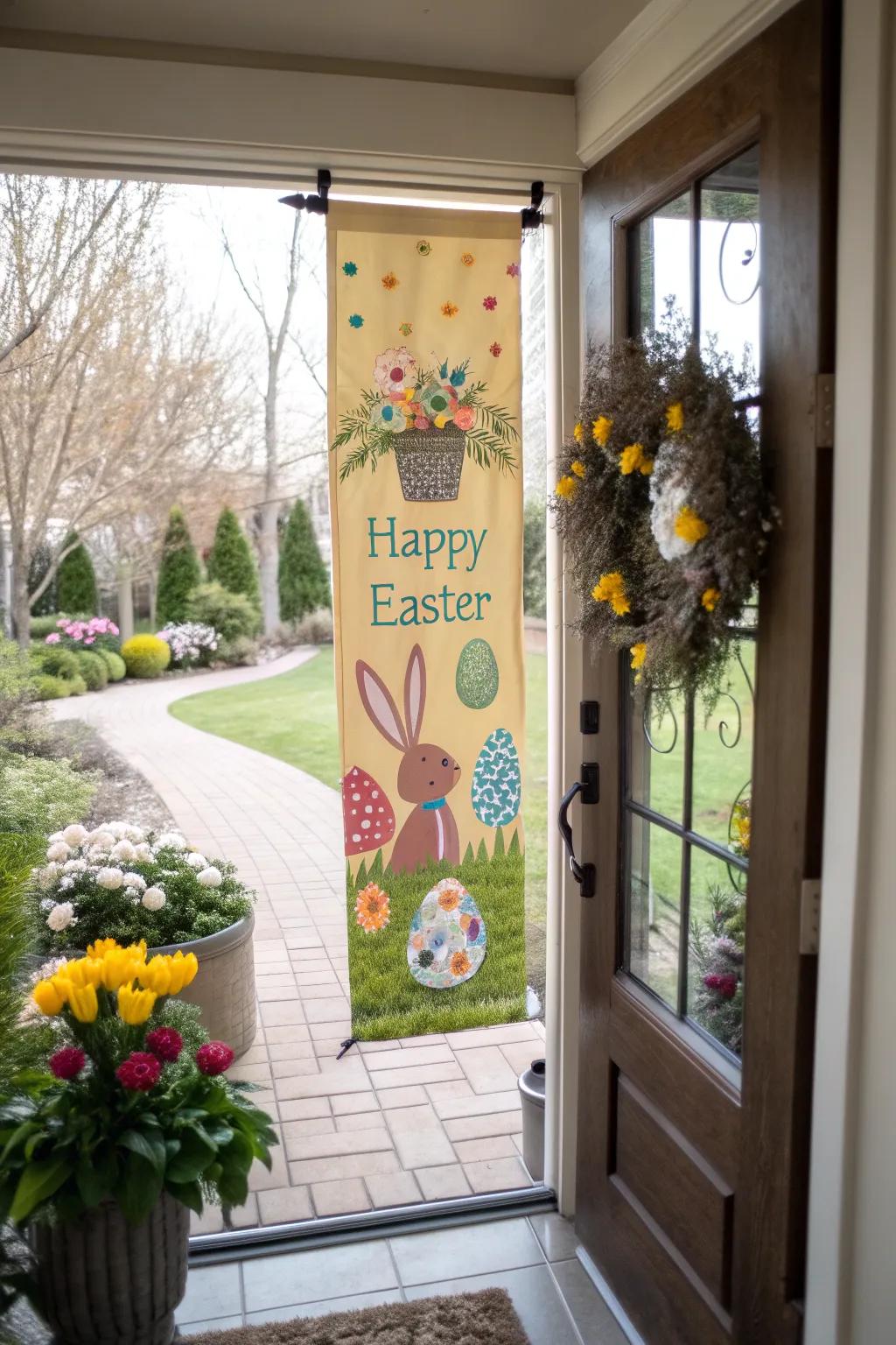 A homemade canvas flag offers a tailored Easter greeting.