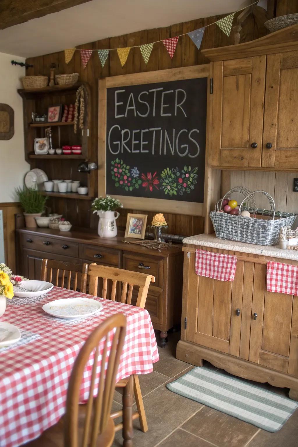 An enchanting writing board plaque welcomes visitors with Easter jubilation.