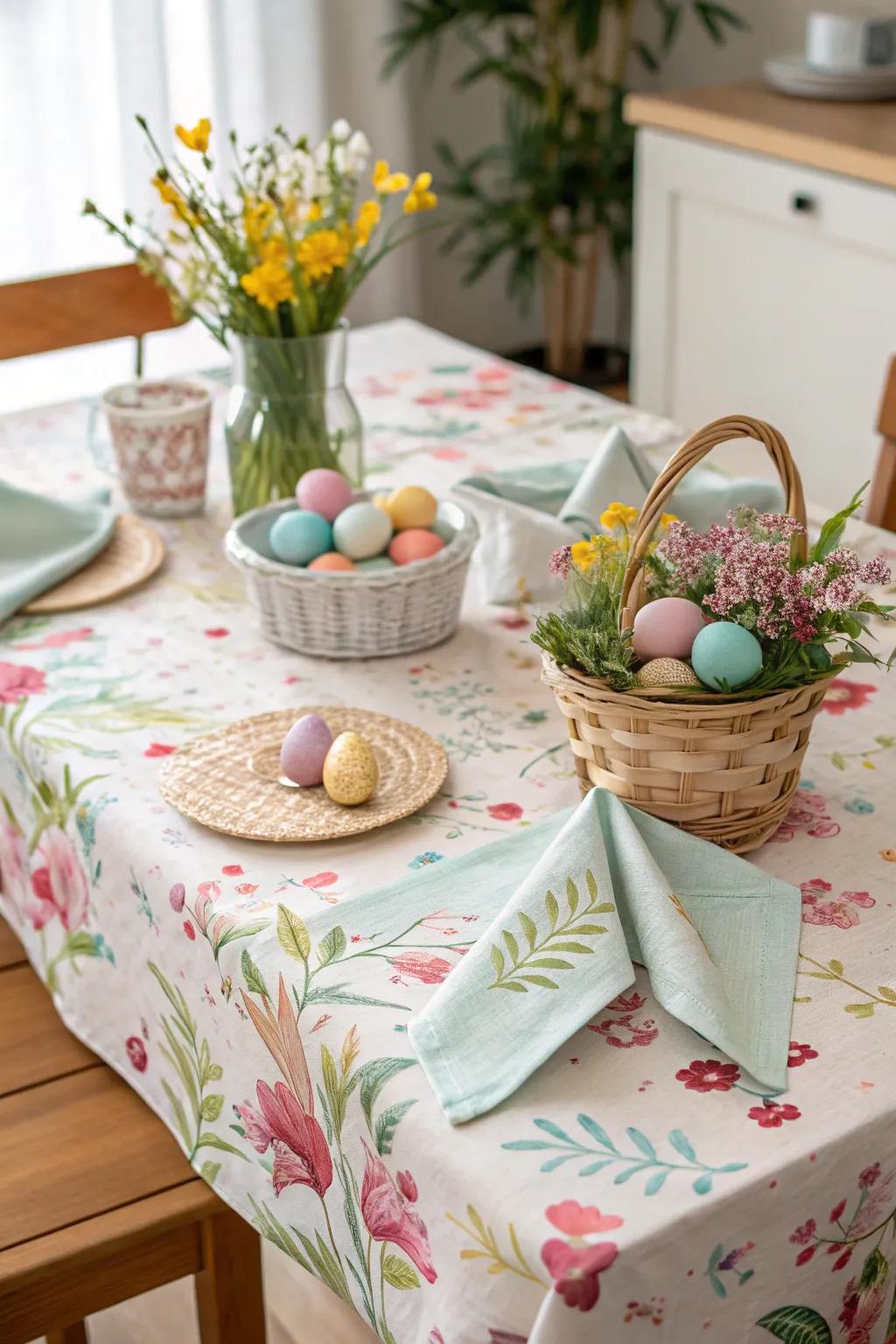 Themed table linens accentuate the festive essence of the Easter celebration.
